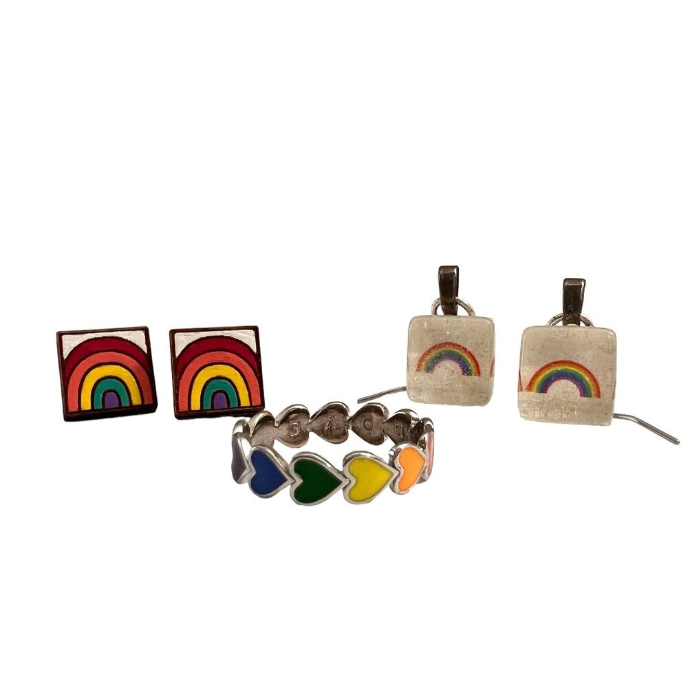 Adorable 3 Piece Set Rainbow Pride Earrings Ring Pura Vida LGBTQ - Picture 6 of 9
